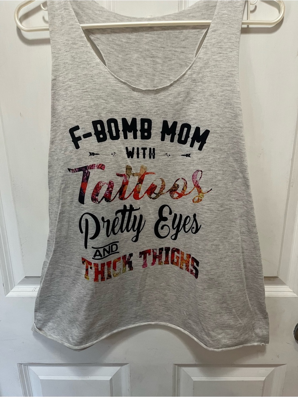Amazon Light Heather Gray Tank Top with Multicolor Floral Script